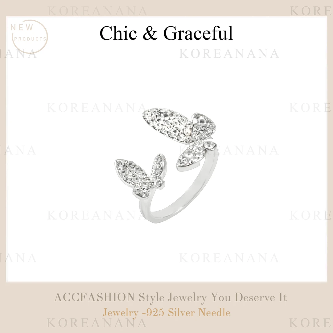 铜合金合成锆石戒指  轻奢百搭双生蝴蝶开口戒指D085