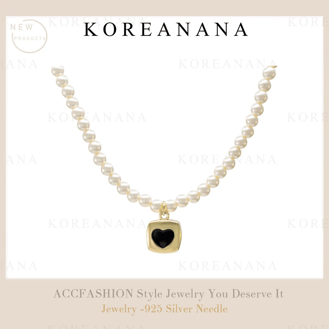 铜合金仿珍珠项链 镀K金 轻奢简约气质方形爱心珠珠项链E132