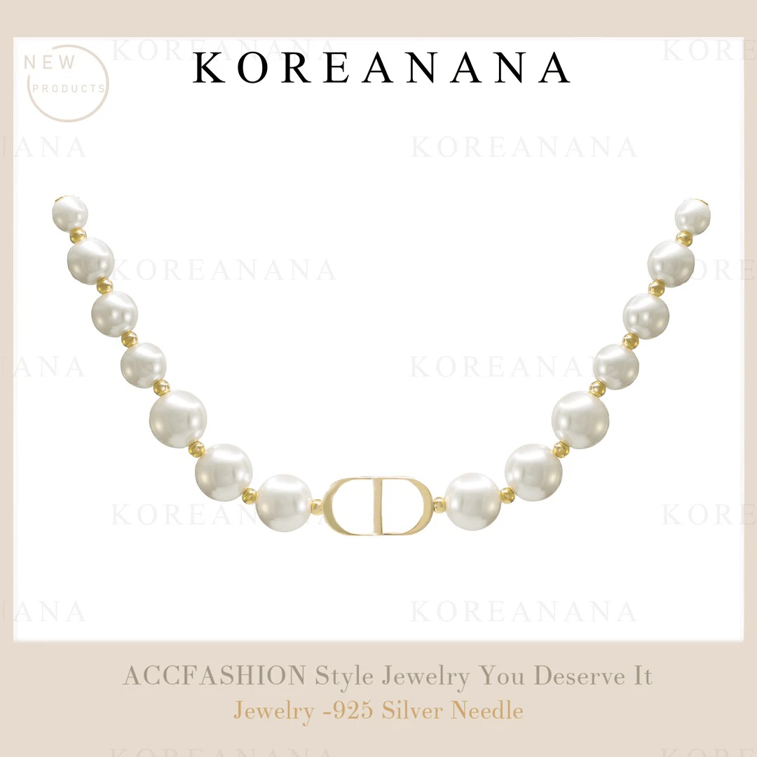 铜合金仿珍珠项链 镀K金 轻奢法式高级复古感字母珠珠项链E002