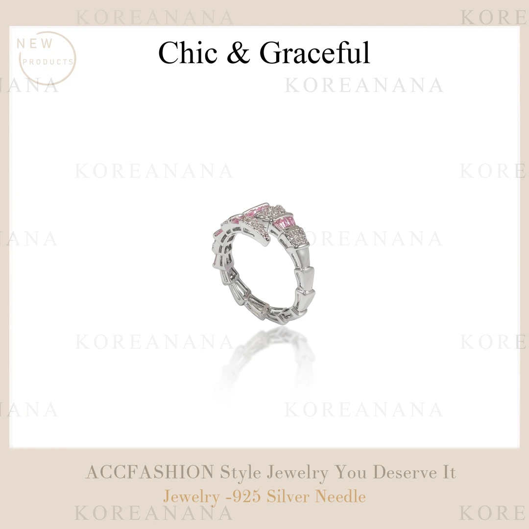 铜合金合成锆石戒指 轻奢闪亮粉锆小灵蛇戒指D081