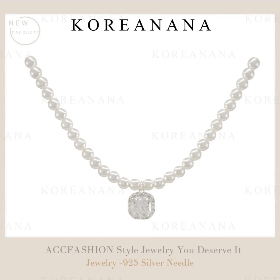 铜合金仿珍珠项链 镀K金 轻奢小众设计感方形吊坠珠珠项链E124