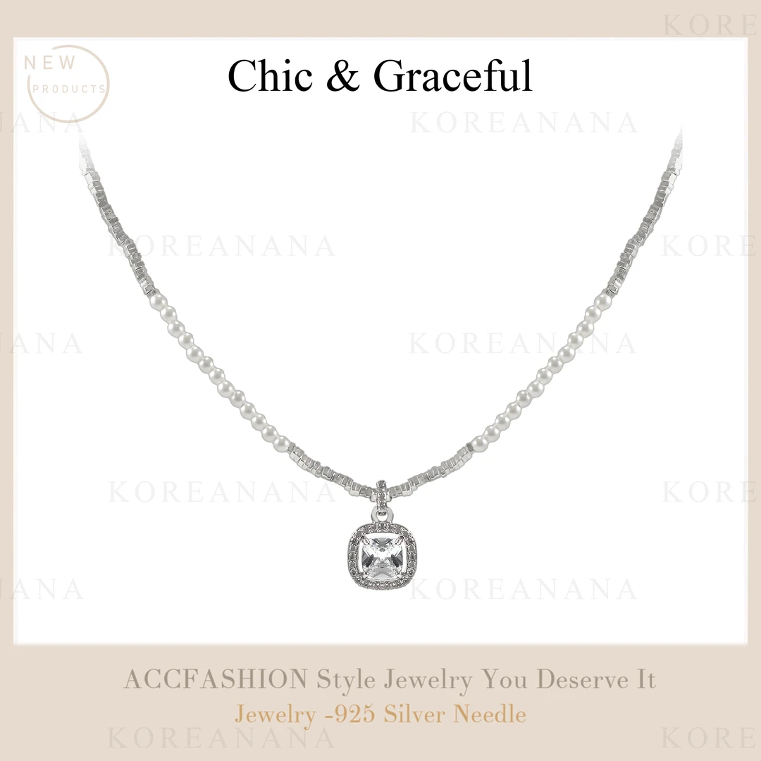 铜合金仿珍珠项链 镀K金 轻奢精致碎银珠珠拼接方糖锆石项链E288