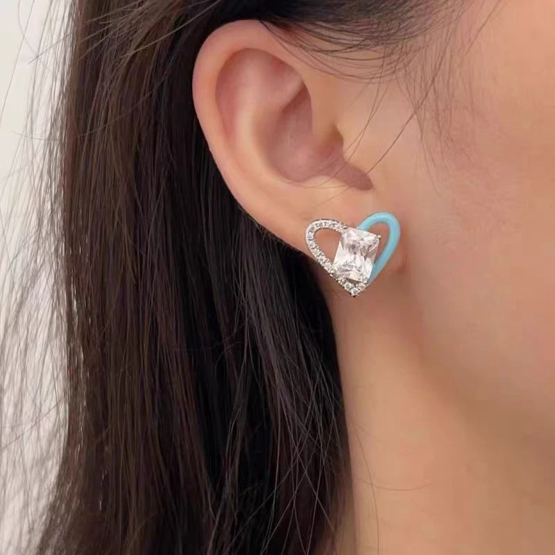 铜合金耳饰  冰蓝甜心爱心 轻奢梦幻小冰糖耳钉项链A163