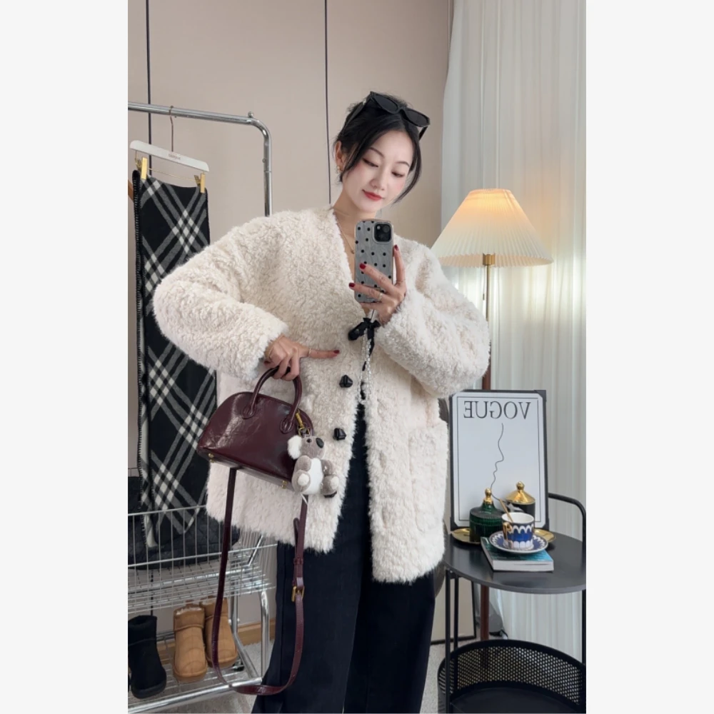 【林中小白】冬季宽松慵懒风高级感大版V领毛毛外套厚大衣