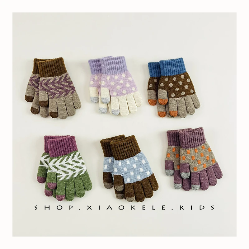 韩系复古儿童手套秋冬新款撞色男女童保暖分指手套宝宝五指手套潮