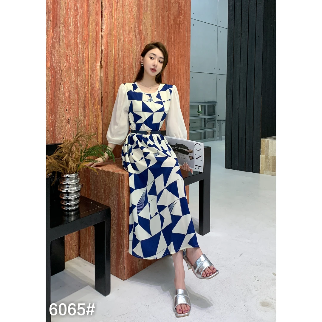 【商场高货】假两件撞色显瘦减龄收腰女装连衣裙+腰带6065