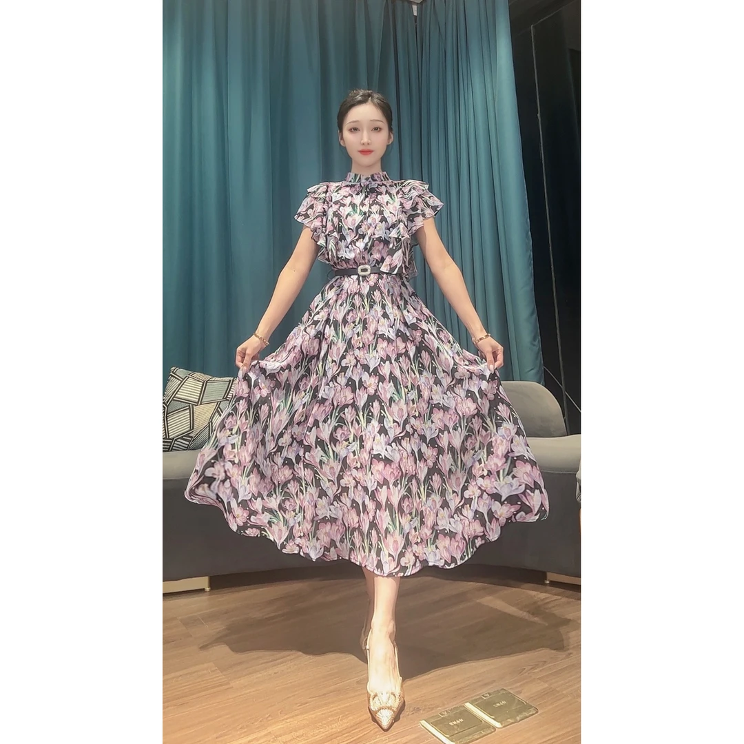 【商场高货】  晨曦花海2法式荷叶袖女装连衣裙+腰带6201