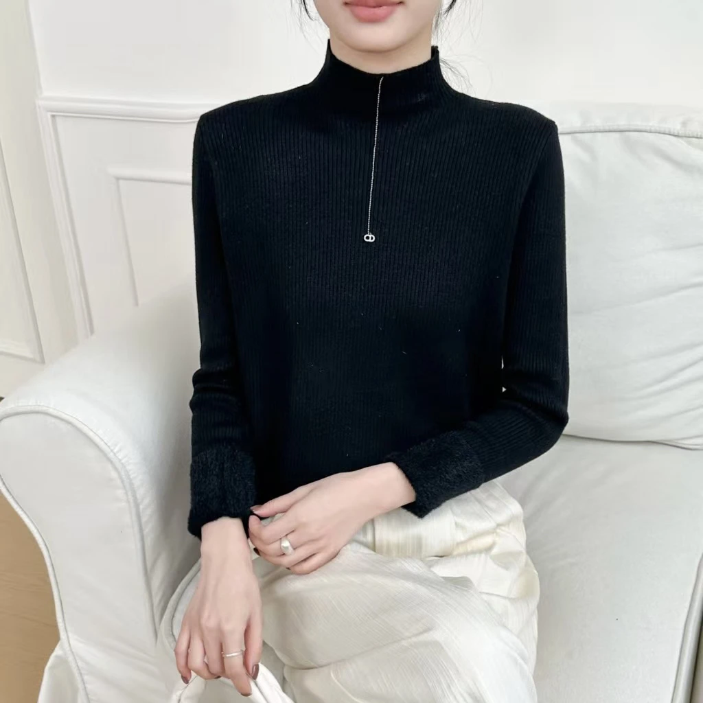 加绒加厚素条毛衣女半高领内搭打底衫保暖针织上衣