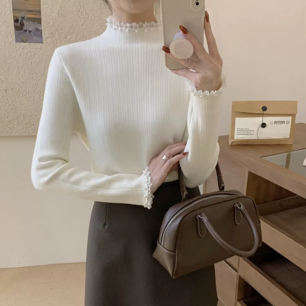 花边领带珠针织打底衫女加绒内搭一体绒秋冬半高领毛衣