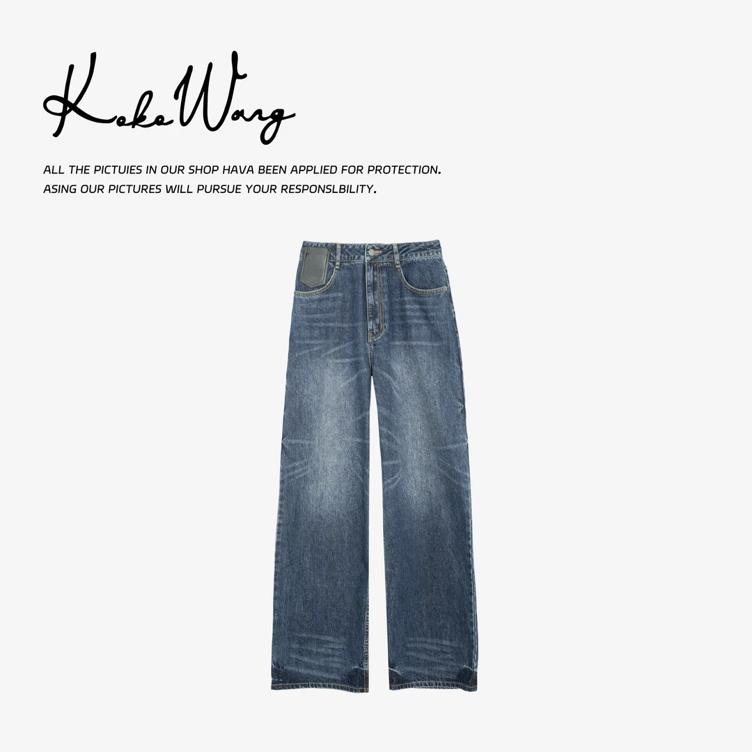 KOKO WANG秋冬时尚气质水洗猫须抓纹拼皮显瘦牛仔裤545264K10K41