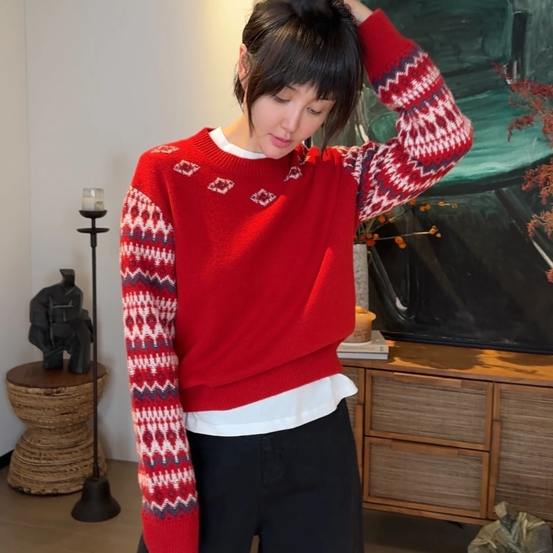 KOKOWANG羊毛混纺圣诞装扮时尚可叠穿百搭羊绒针织衫544834K10Z41