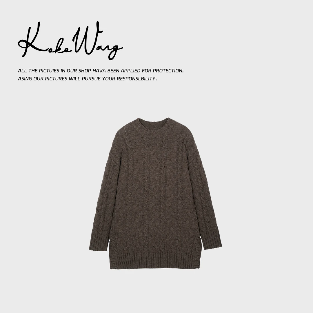 KOKOWANG羊绒羊毛混纺麻花侧开叉时尚高级针织羊绒衫542924J28Z07