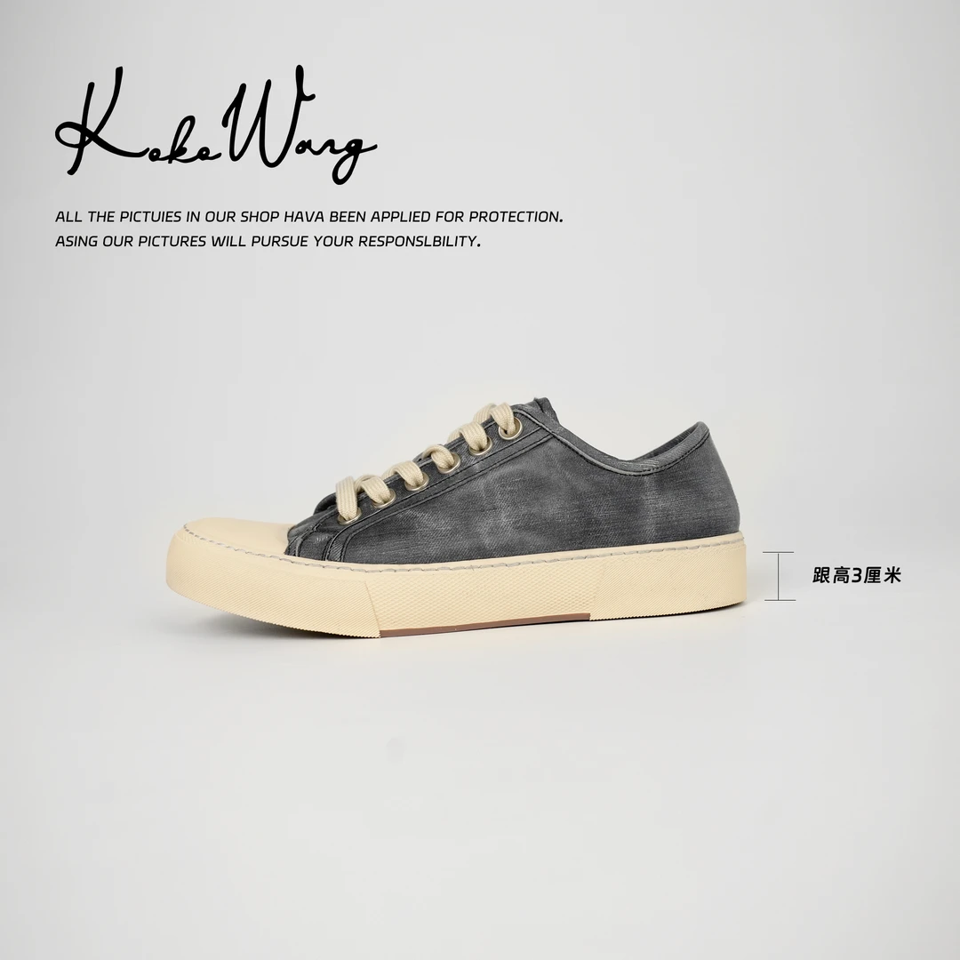 KOKOWANG新款复古做旧牛仔马皮拼接系带百搭休闲鞋 545294K18X25