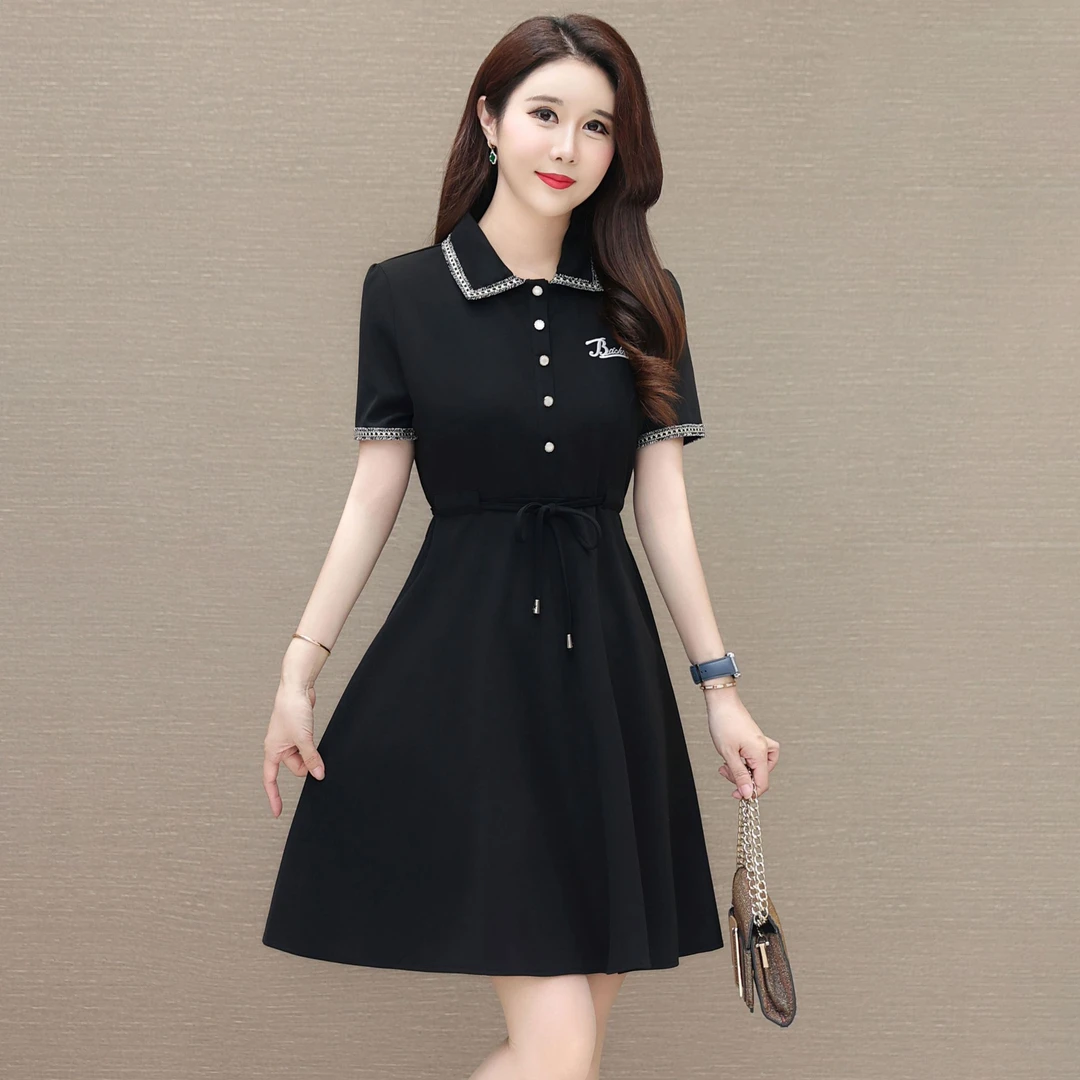 新款连衣裙中长款显瘦气质小个子夏季收腰大码洋气时尚女装连衣裙