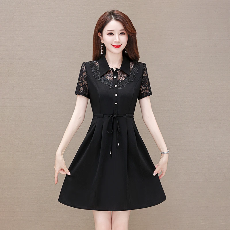 高贵女装连衣裙大码显瘦气质洋气时尚夏季拼接收腰遮肚减龄妈妈装