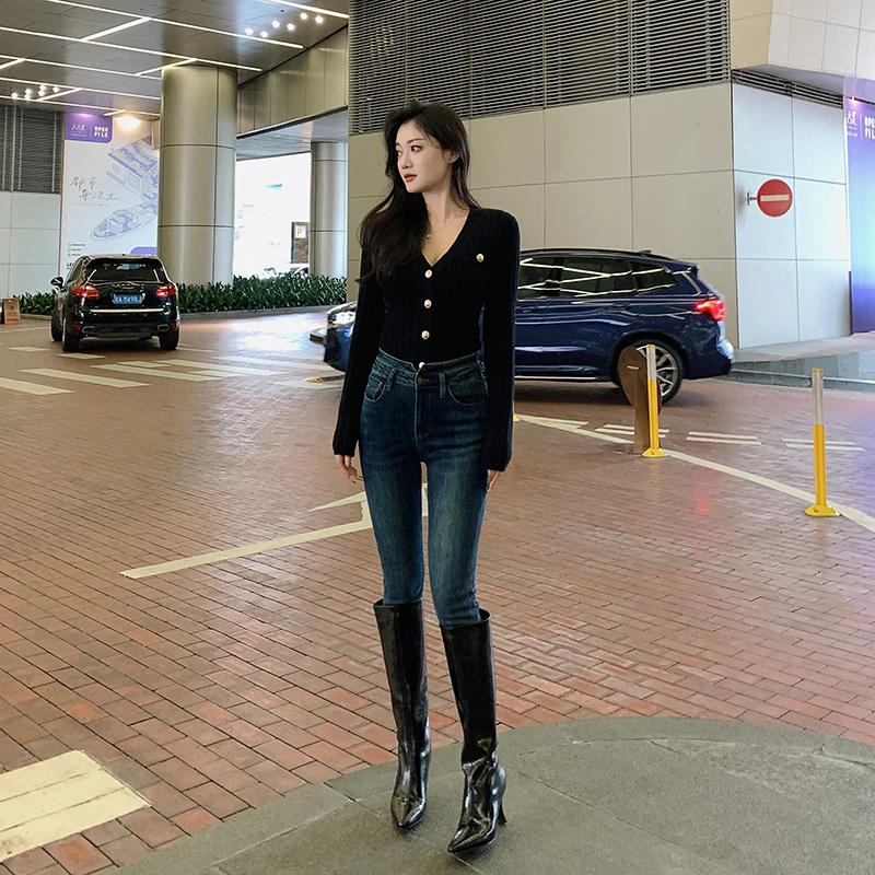 林关关 魅力有型 秋季高腰弹力紧身牛仔裤-A40159