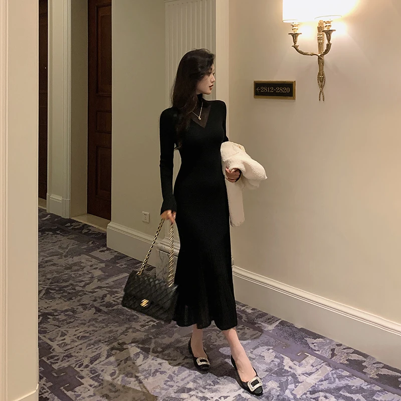 林关关黑色微透针织连衣裙女入秋长袖法式气质连身裙80615