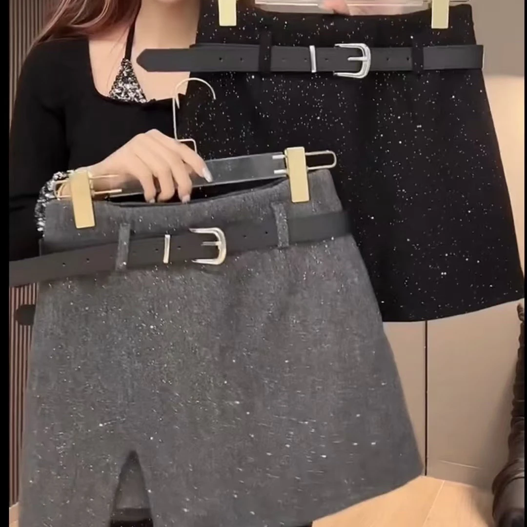 990款高腰显瘦细闪短裙韩系设计感小开叉半身裙