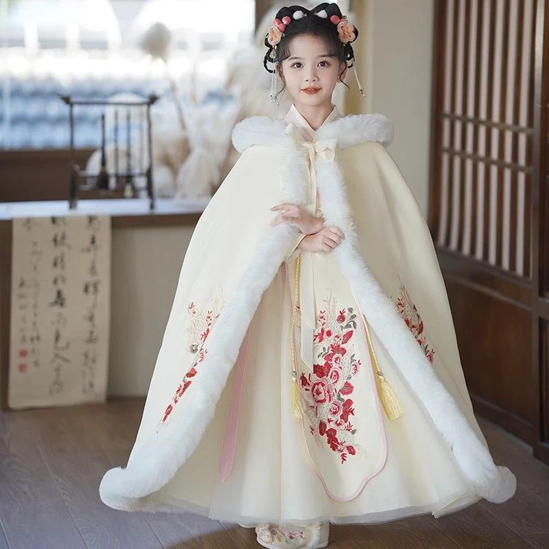 女童汉服冬装拜年服加厚国风儿童唐装超仙襦裙女孩古风连衣裙连帽