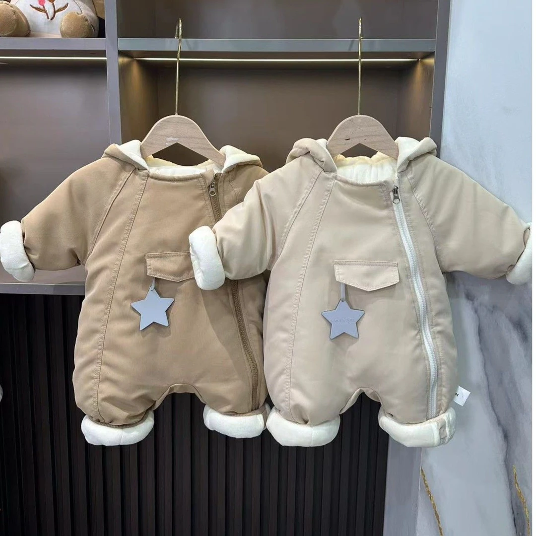 小月龄宝宝新品冬款加绒加棉斜拉链连体哈衣婴儿超萌保暖外出爬服