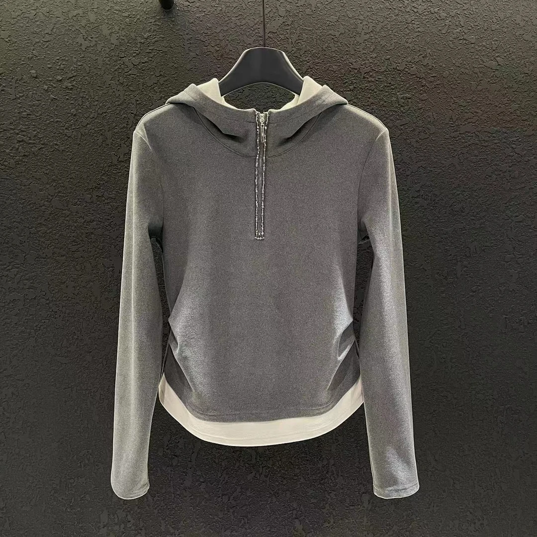 纯色高级感小众简约连帽假两件卫衣女百搭显瘦长袖帽衫上衣女