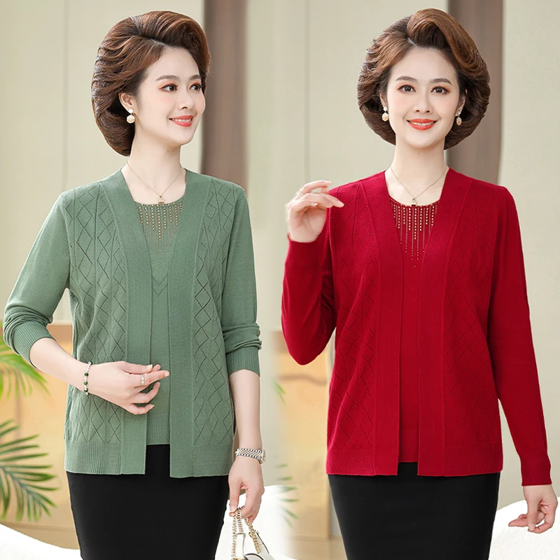 妈妈春秋装针织衫两件套薄款外套中老年女装大码长袖针织开衫外搭