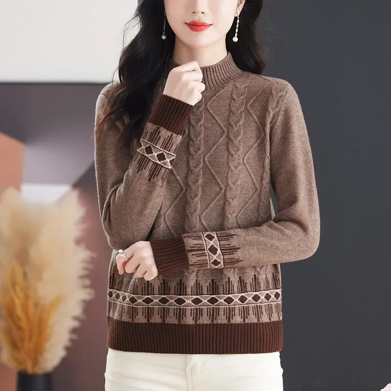 时髦简约针织上衣宽松洋气休闲妈妈装毛衣菱格提花气质打底衫秋冬