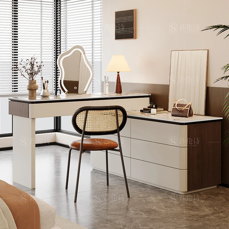 【佛山家具】实木梳妆台卧室简约现代轻奢奶油风极简化妆桌斗柜一体
