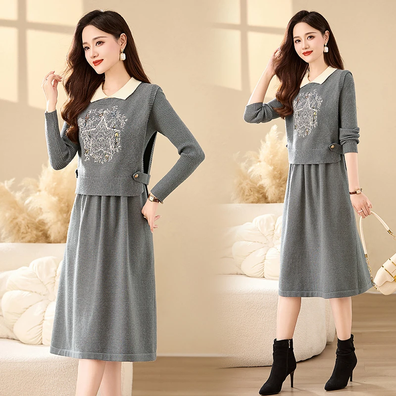 【彩星】马甲背心套装连衣裙两件套2024秋冬新款女复古加厚毛衣裙