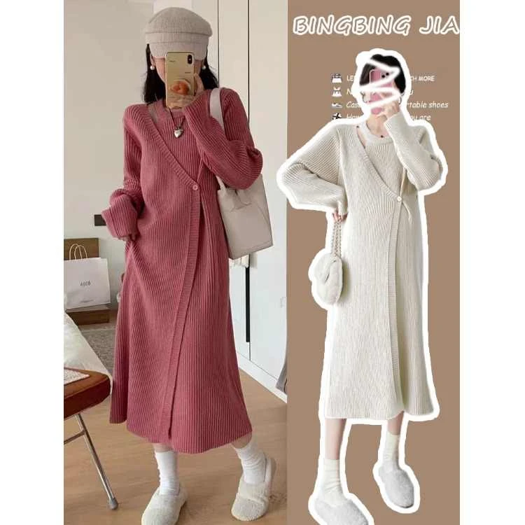 设计感秋装连衣裙2024新款潮妈假两件显瘦宽松毛衣长裙子