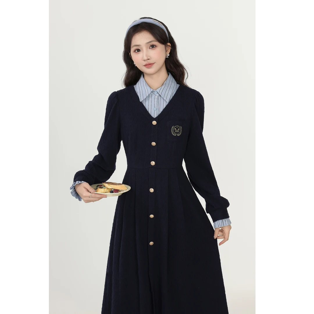 【海德花园】秋季新款学院风假两件裙子藏青色拼接连衣裙女