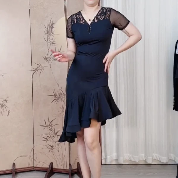 练功舞服连衣裙感蕾丝拼接网纱V领拉丁舞摩登舞广场舞交谊舞服