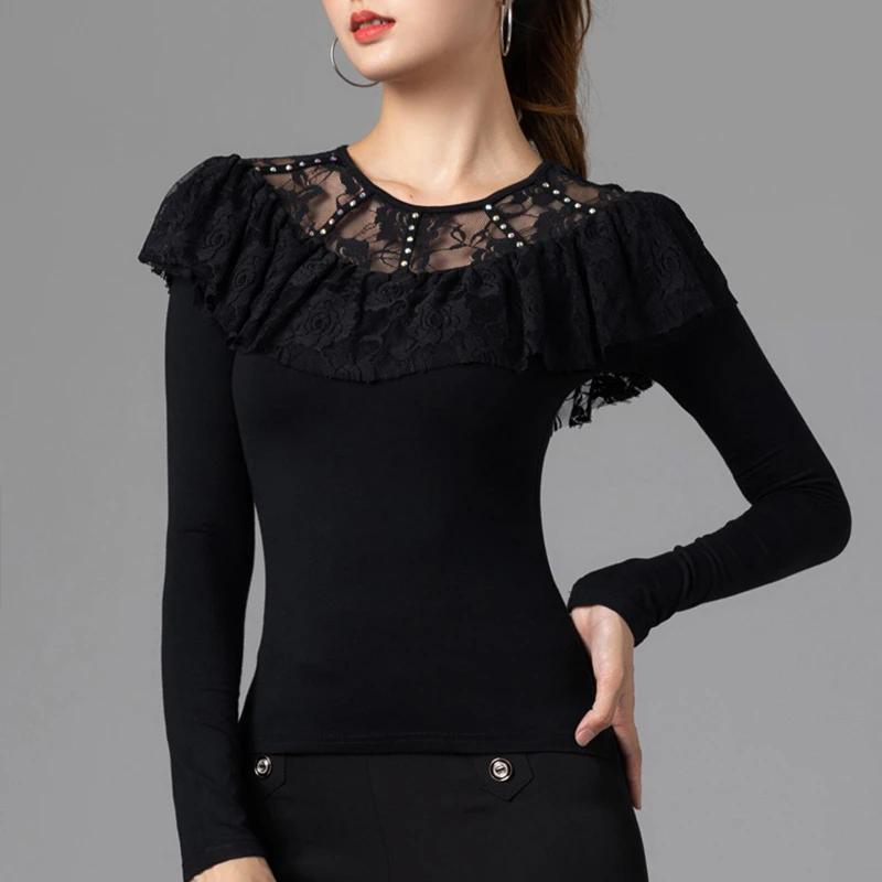 广场舞练功服高级感性感钉珠网纱拼接圆领长袖现代舞摩登舞服