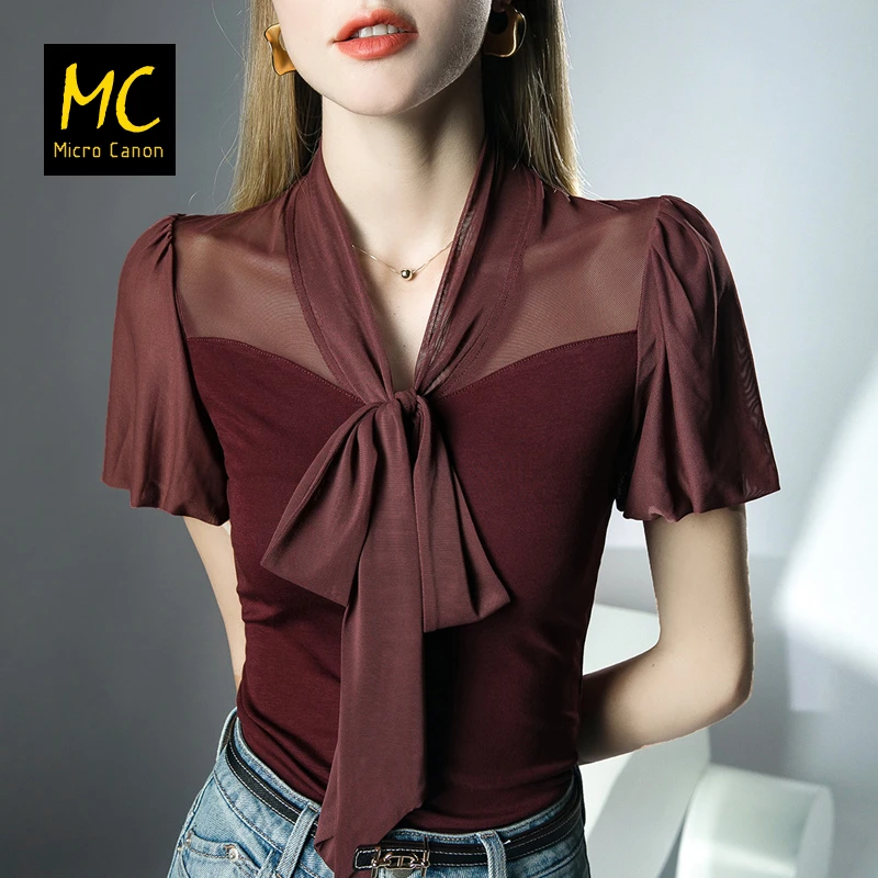 拉丁舞新款网纱拼接系带上衣夏季新款设计感短袖T恤女