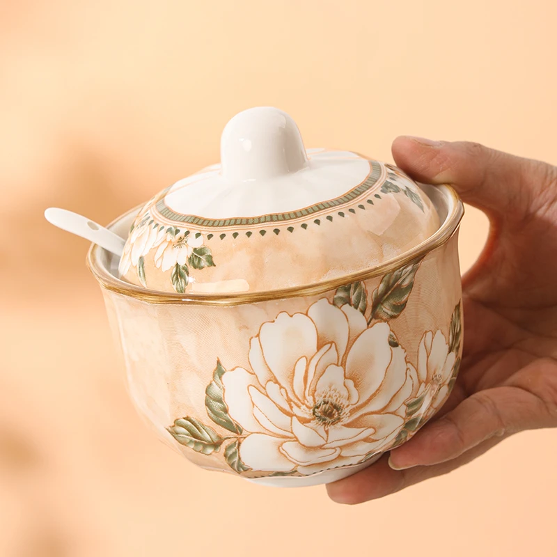 茶花款厨房陶瓷调料罐不窜味350毫升