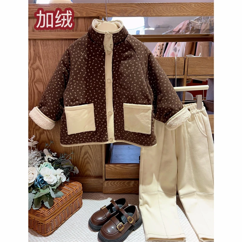 现货【冬瑞】夹棉加绒加厚4178女童棉服外套正反两面穿小碎花冬款