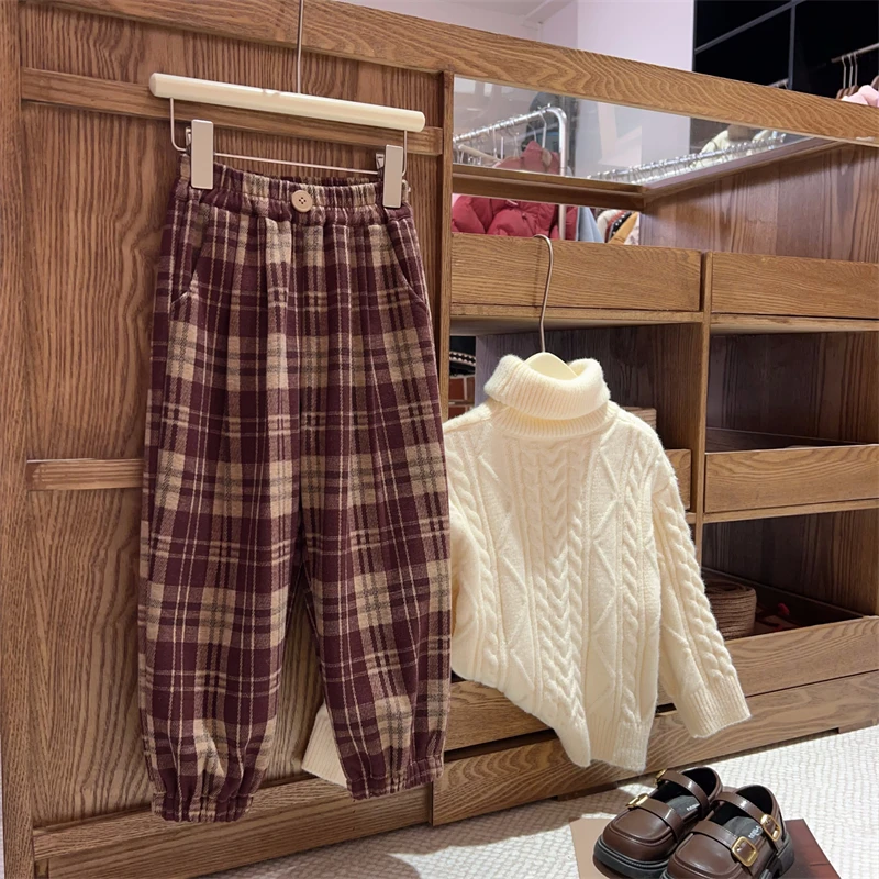 现货【红格格】加绒加厚长裤4174女童2024冬装休闲裤子百搭格子裤