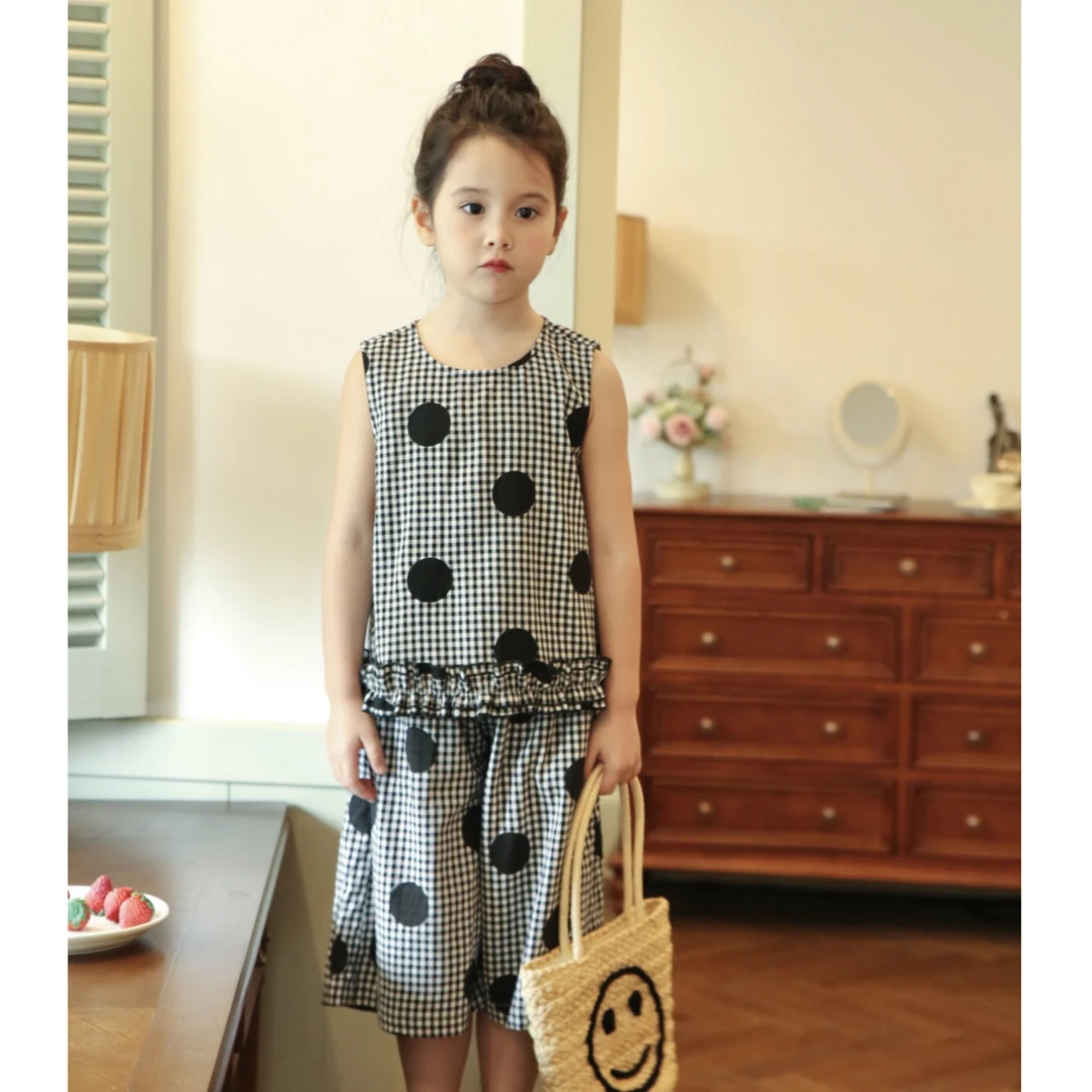 现货【温格】2024新款夏装9894女童宝宝时尚大波点格子无袖两件套