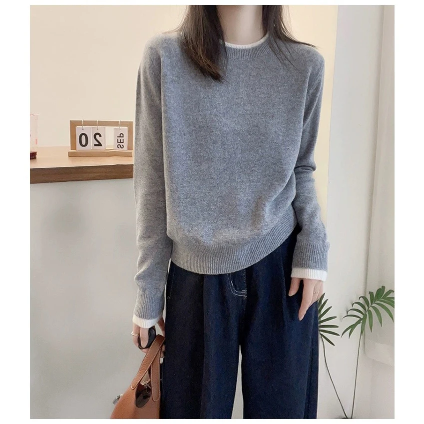 撞色假两件纯羊毛针织衫秋季甜美减龄显瘦套头打底衫长袖上衣女