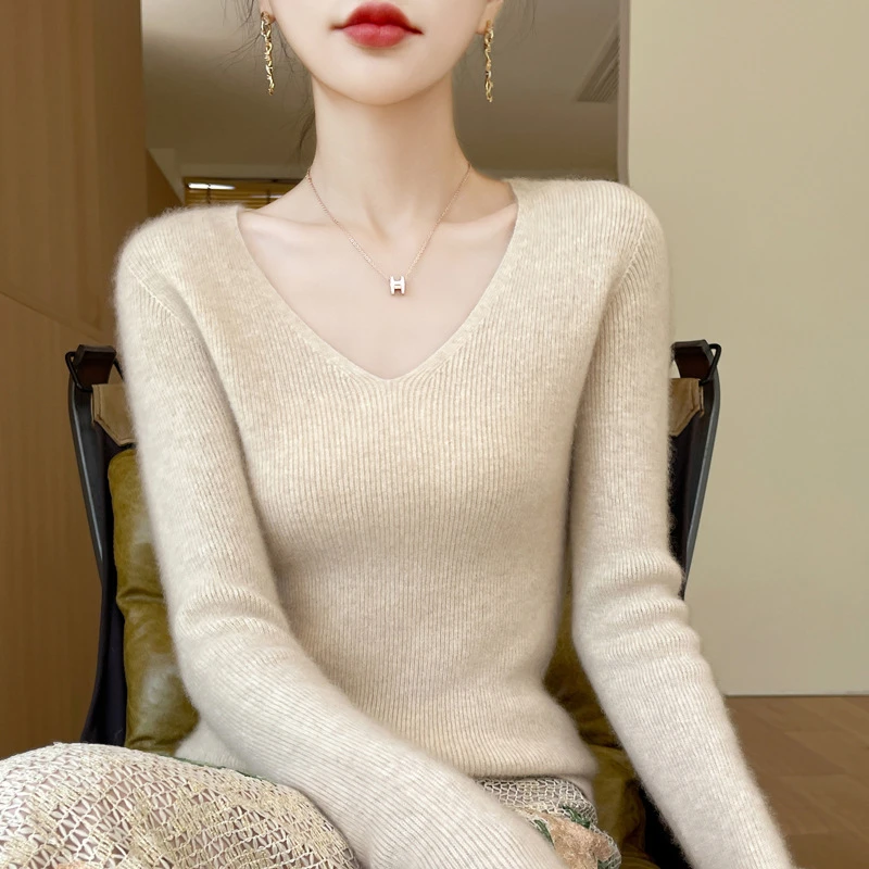 24秋新款女士针织衫毛衣女低领V领打底衫女修身一线成衣外贸批发