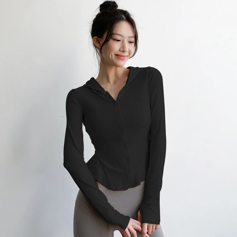 网红拉链连帽衫瑜伽服长袖外套女修身显瘦运动夹克速干透气健身衣