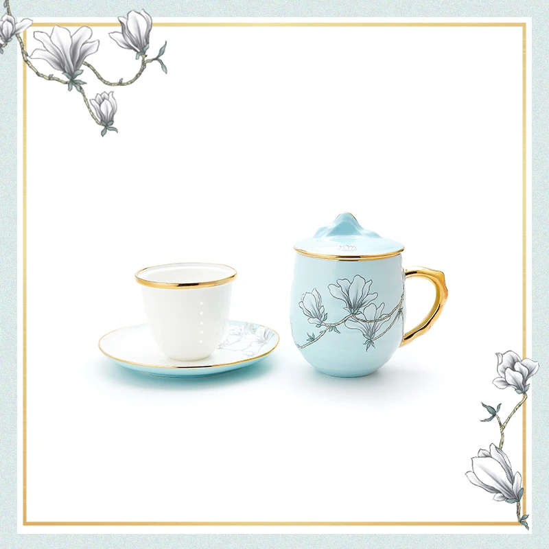 玛戈隆特 行云系列 4头行云南山滤茶杯组合 珐琅彩家用带盖马克杯