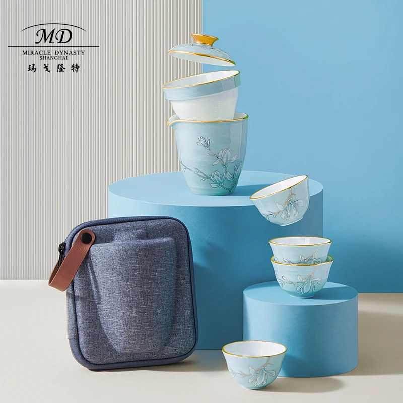 玛戈隆特 7头行云南山旅行茶具-玉兰花开珐琅彩（水蓝色）