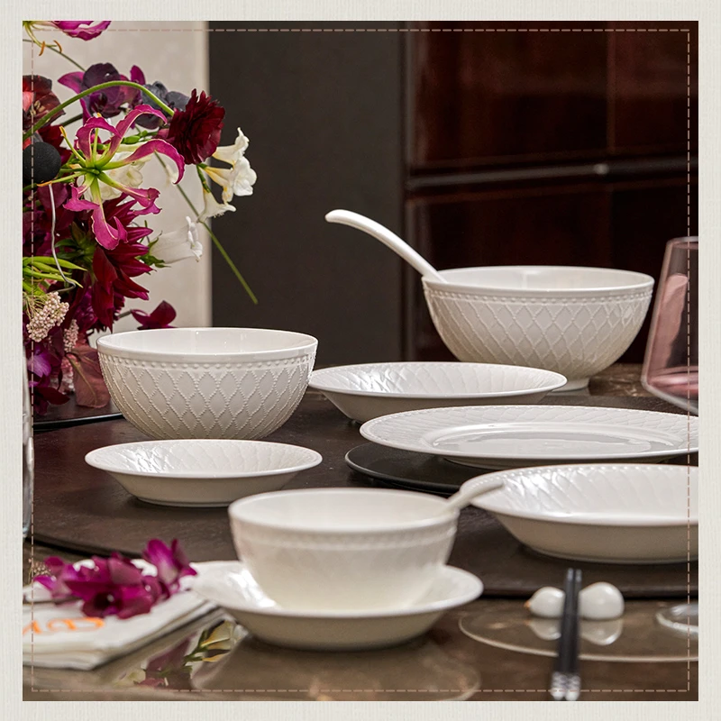 玛戈隆特 枫丹白露纯白浮雕餐具中式简约21.5cm汤盘家用酒店散件