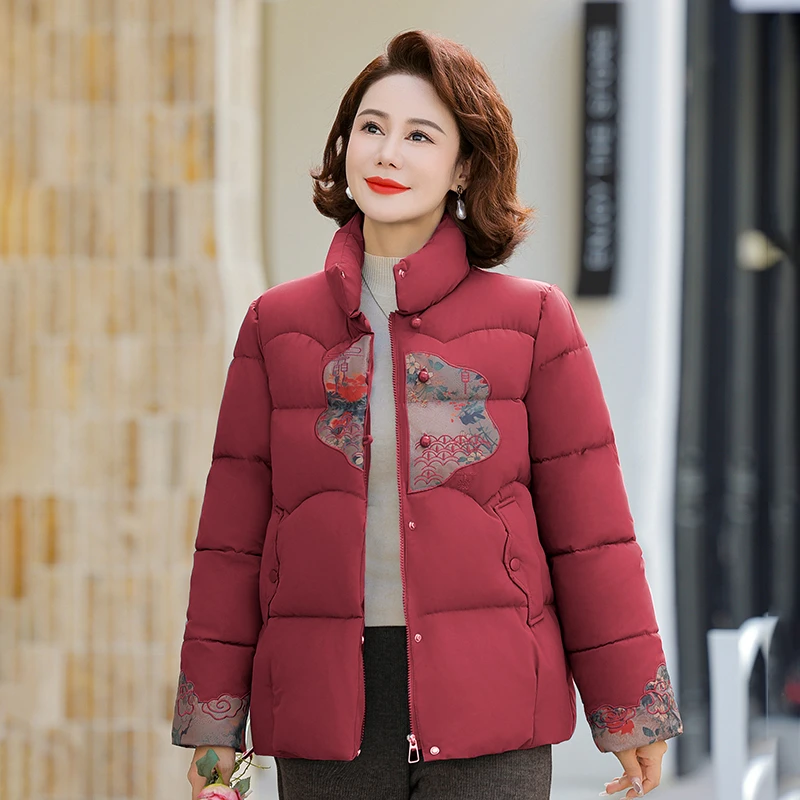 妈妈洋气棉衣中年女秋冬装加绒加厚棉袄中老年本命年红色棉服外套