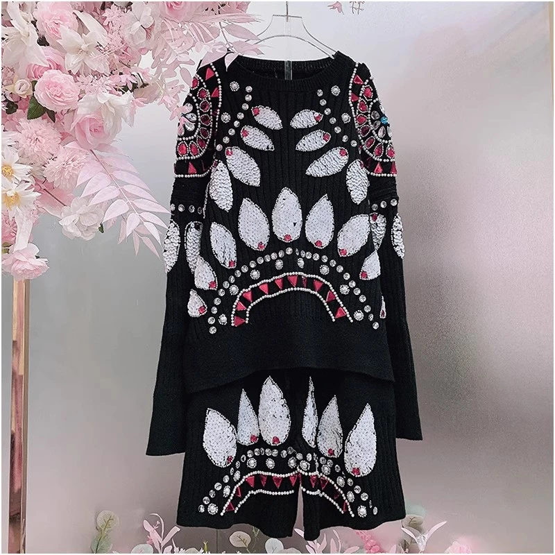 QD931欧美设计师2024秋冬季新款重工钉珠亮片花休闲针织毛衣套装