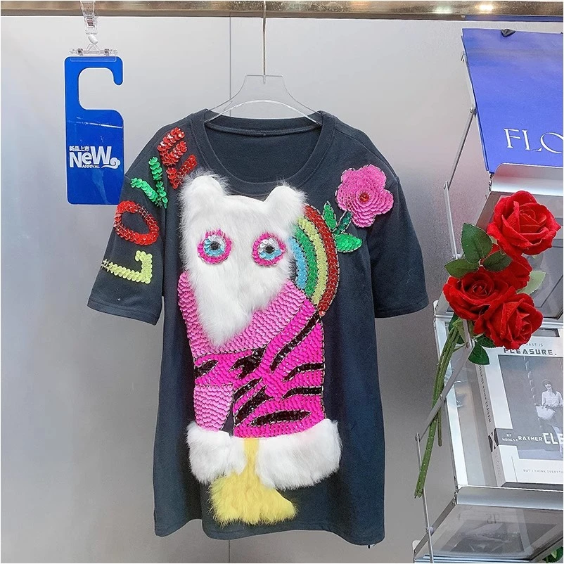 QD361欧美风设计师2024冬季新款重工钉钻亮片花朵字母兔毛圆领T恤
