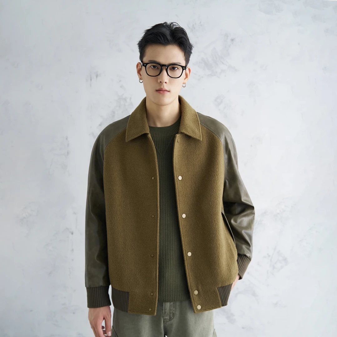 秋冬季撞色落肩袖宽松休闲夹克短款外套男