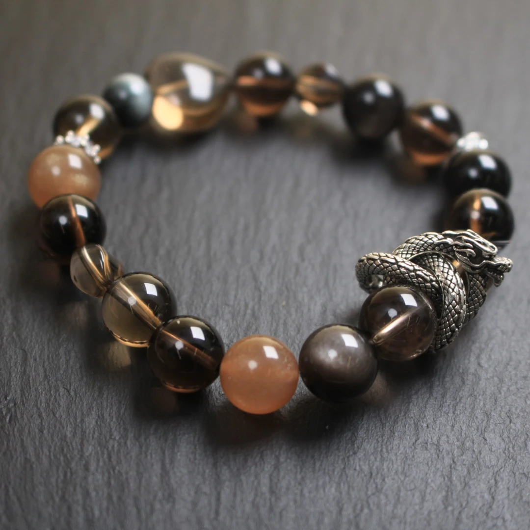 JYDM23112758【大猫珠宝】茶晶奶茶月光银耀石单圈龙手串多样性发货