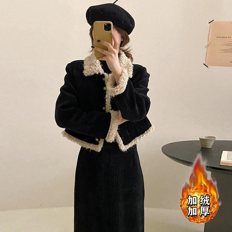 【加绒加厚】【两件套】小香风2024新款爆款时尚洋气减龄短外套半身裙